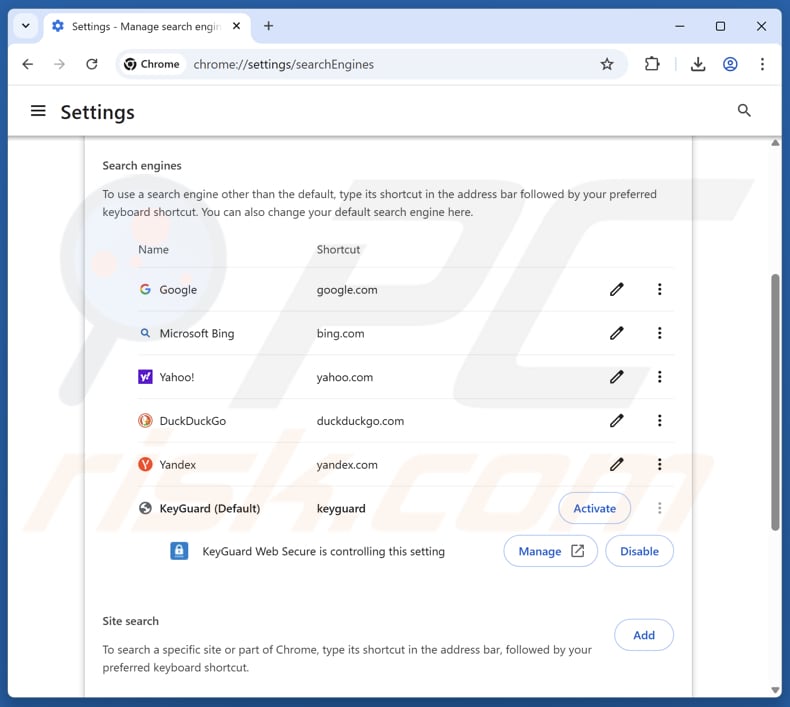 Rimuovere keyguard-websecure.com dal motore di ricerca predefinito di Google Chrome