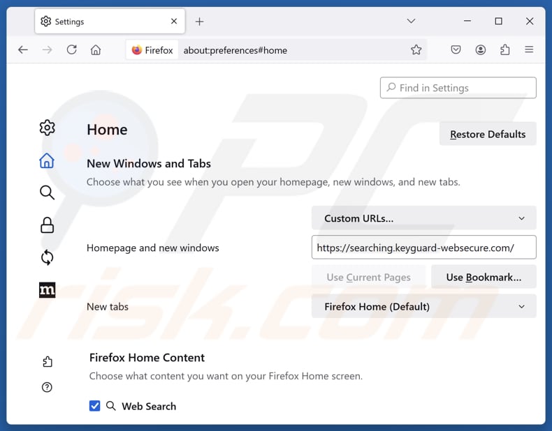 Rimozione di keyguard-websecure.com dalla pagina iniziale di Mozilla Firefox
