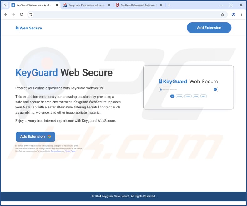 Sito web utilizzato per promuovere il browser hijacker KeyGuard Web Secure
