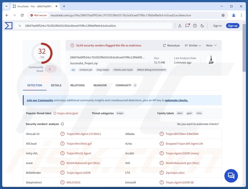 Rilevamenti del malware Noodlophile su VirusTotal