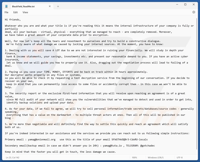 File di testo del ransomware BlackFL (BlackField_ReadMe.txt)