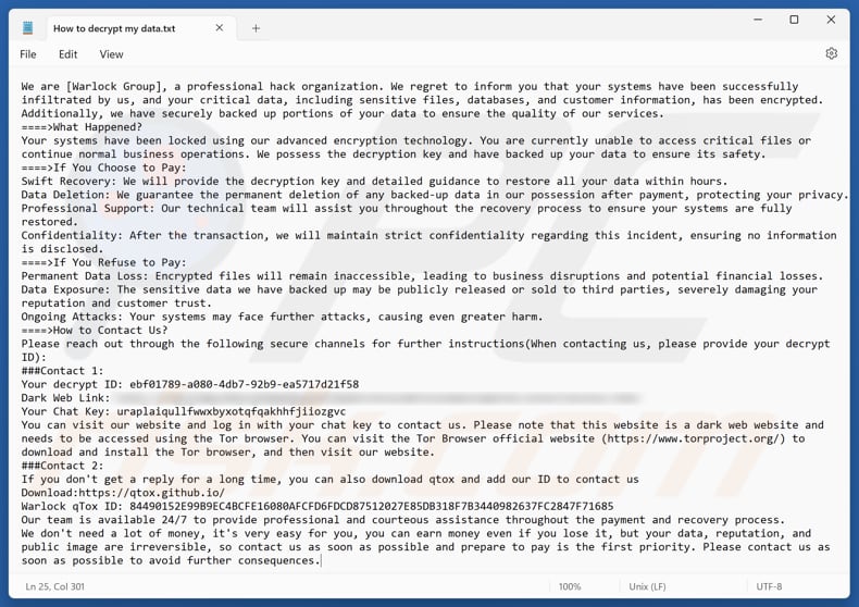 File di testo del ransomware Warlock Group (Come decriptare i miei dati.txt)
