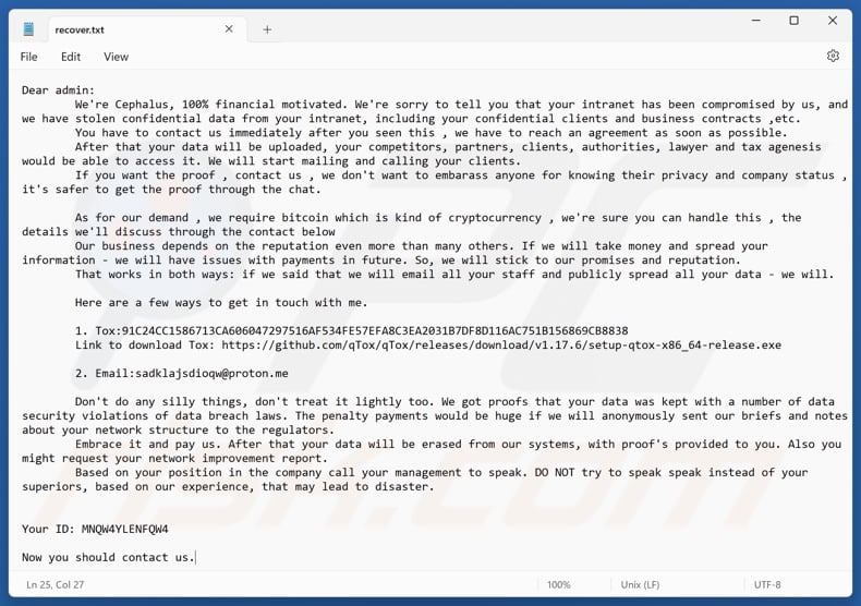 Cephalus ransomware richiesta di riscatto (recover.txt)