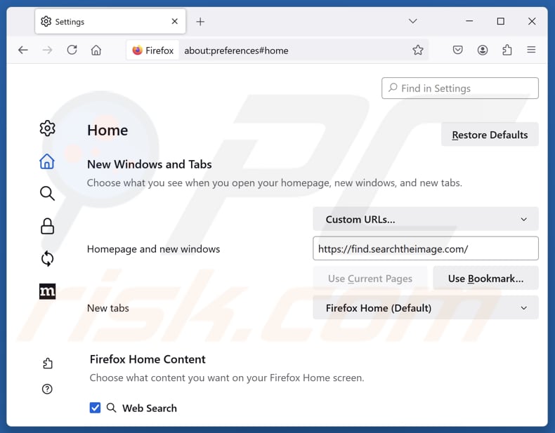 Rimozione di find.searchtheimage.com dalla pagina iniziale di Mozilla Firefox