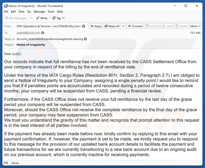 Campagna di spam via e-mail dell'Associazione Internazionale del Trasporto Aereo (IATA)