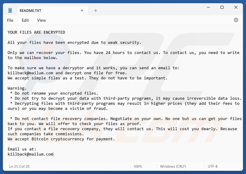 File di testo del ransomware KillBack (README.TXT)
