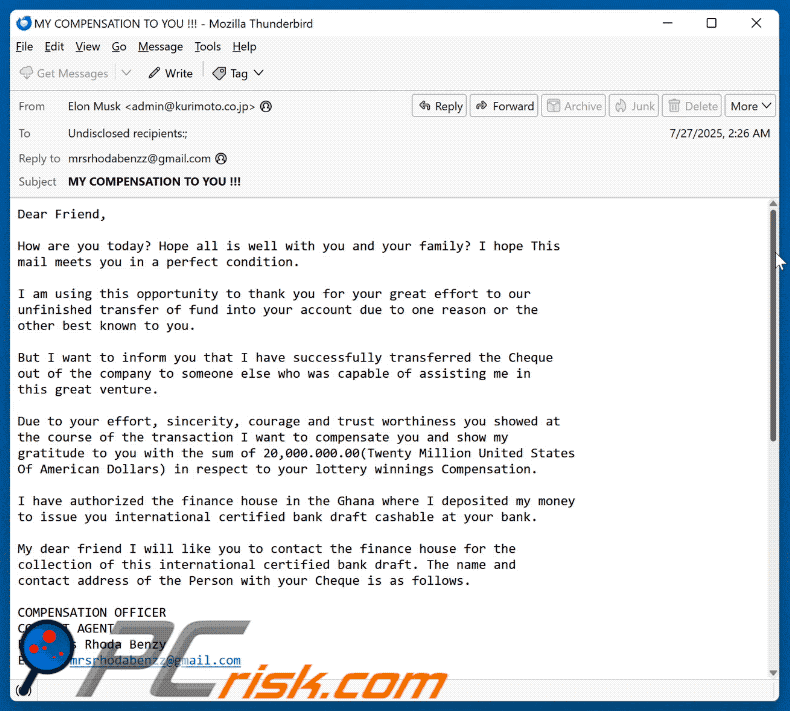 Aspetto della truffa via e-mail relativa al risarcimento delle vincite alla lotteria