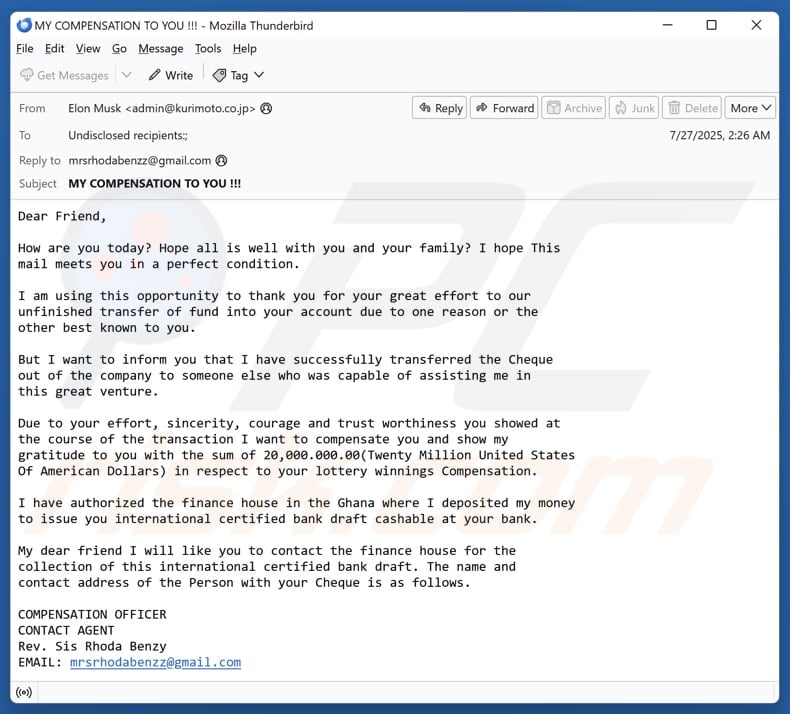 Campagna di spam via e-mail Lottery Winnings Compensation