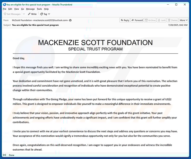 Truffa via e-mail della Mackenzie Scott Foundation (2025-08-06)