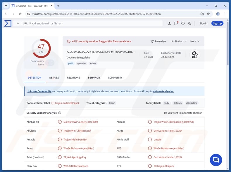 Rilevamenti del malware QuirkyLoader su VirusTotal