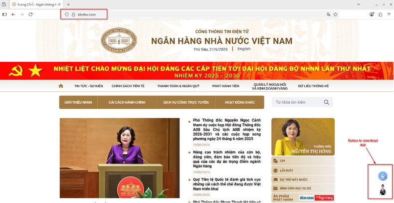 Pagina di diffusione del malware RedHook che imita il sito web della Banca Centrale del Vietnam