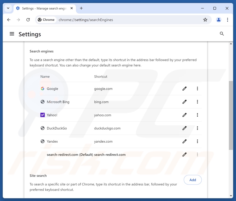 Rimozione di search-redirect.com dal motore di ricerca predefinito di Google Chrome