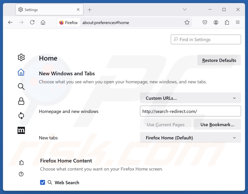Rimozione di search-redirect.com dalla pagina iniziale di Mozilla Firefox
