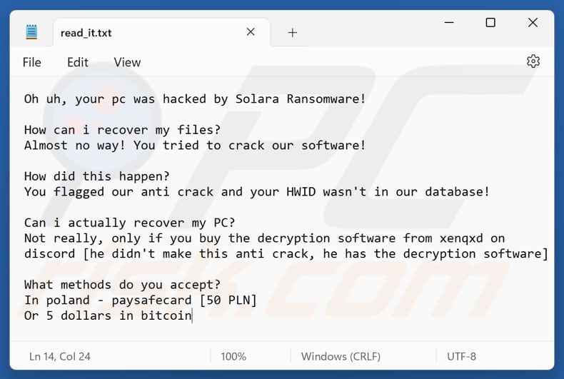 File di testo del ransomware Solara (read_it.txt)