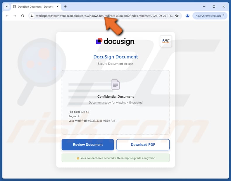 Pagina falsa della truffa via e-mail relativa ai conti da pagare tramite DocuSign