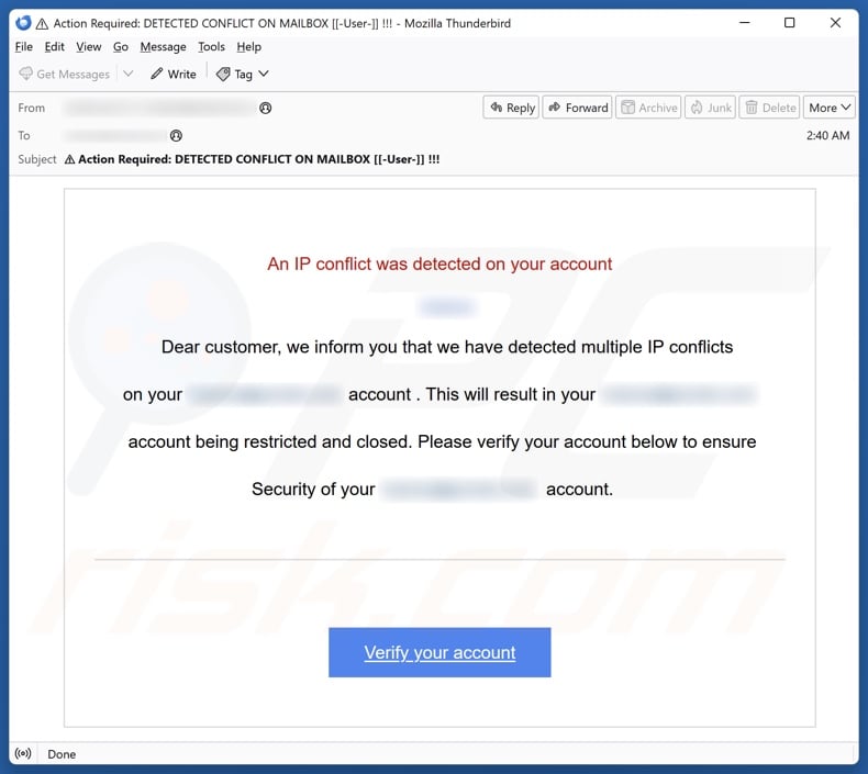 È stato rilevato un conflitto IP sul tuo account campagna di spam via e-mail