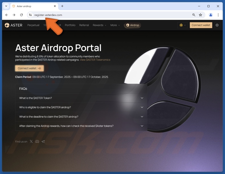 Sito web falso di Aster Airdrop