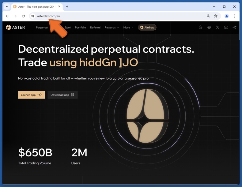 Aspetto del sito web reale di Aster (asterdex.com)