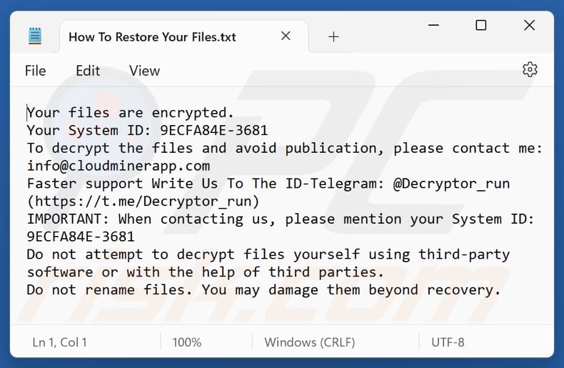 File di testo del ransomware Bitco1n (How To Restore Your Files.txt)