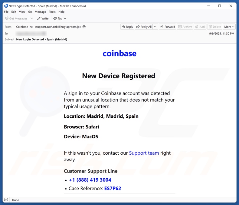 Campagna di email spam registrazione dispositivo coinbase