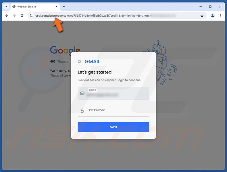 Sito di phishing promosso dall'e-mail truffaldina Conferma la tua identità