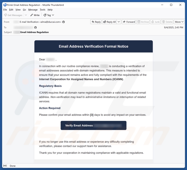 Verifica dell'indirizzo e-mail Campagna di spam via e-mail con avviso formale