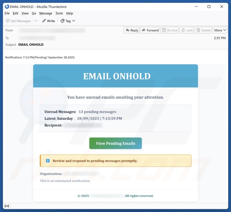 Campagna di spam Email On Hold