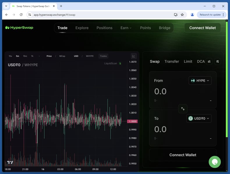 Sito web falso HyperSwap sito web reale (app.hyperswap.exchange)