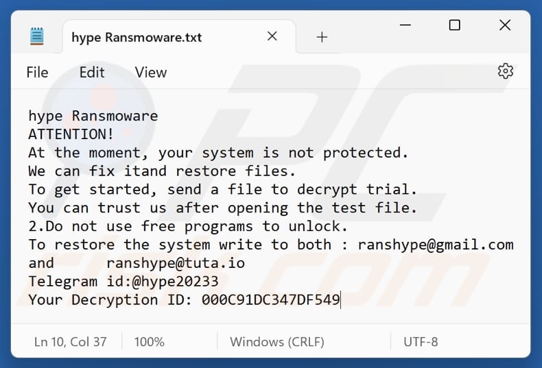 File di testo del ransomware Hype (hype Ransmoware.txt)