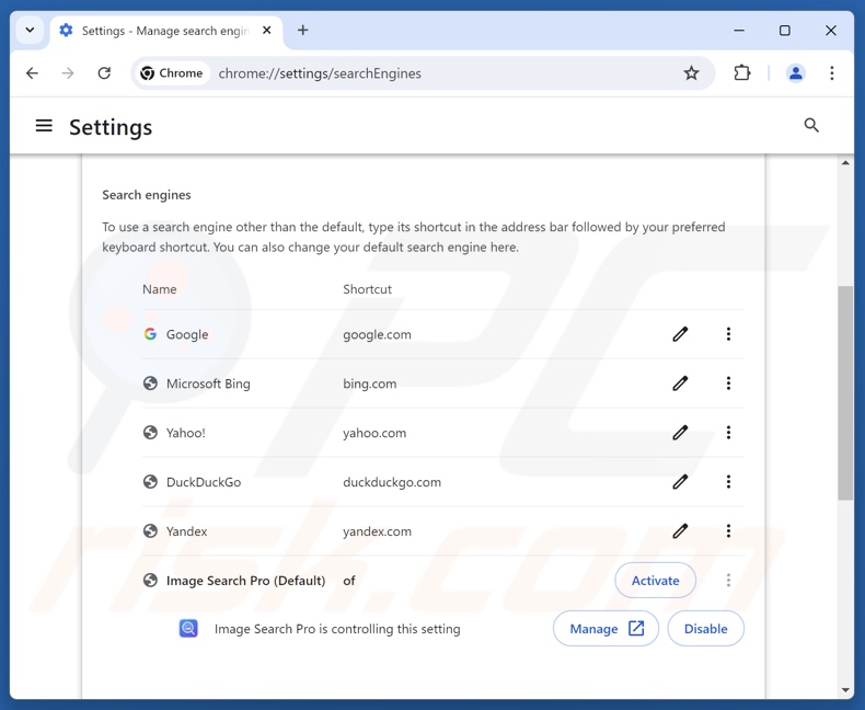 Rimozione di imagesearcherpro.com dal motore di ricerca predefinito di Google Chrome
