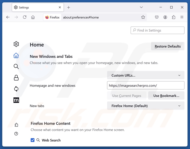 Rimozione di imagesearcherpro.com dalla pagina iniziale di Mozilla Firefox