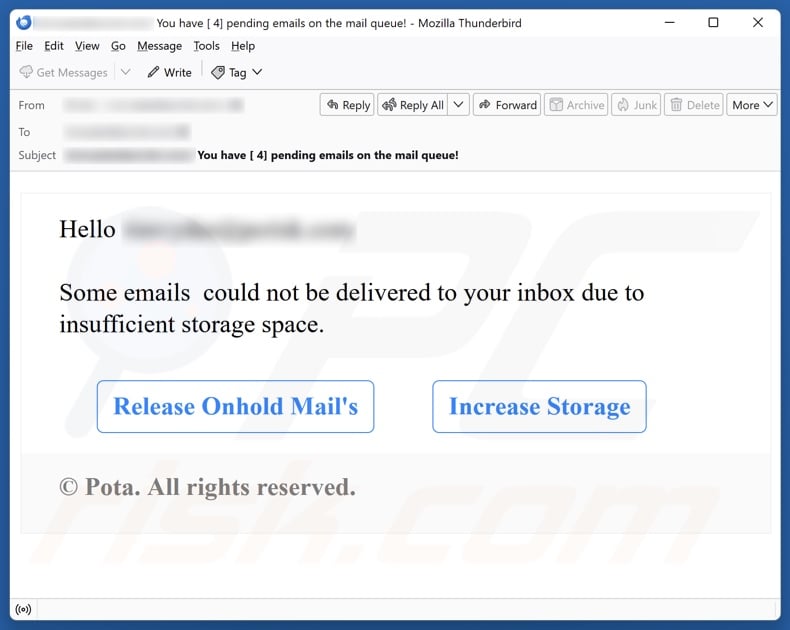 Campagna di spam via e-mail Insufficient Storage Space