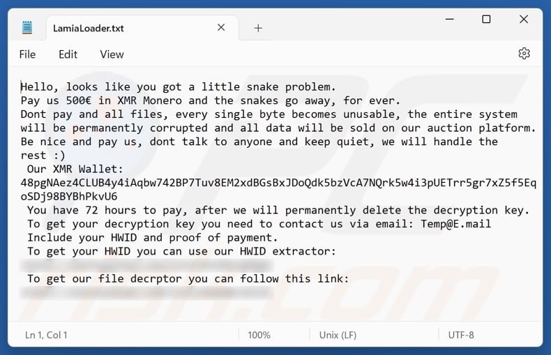 Richiesta di riscatto del ransomware Lamia Loader (LamiaLoader.txt)