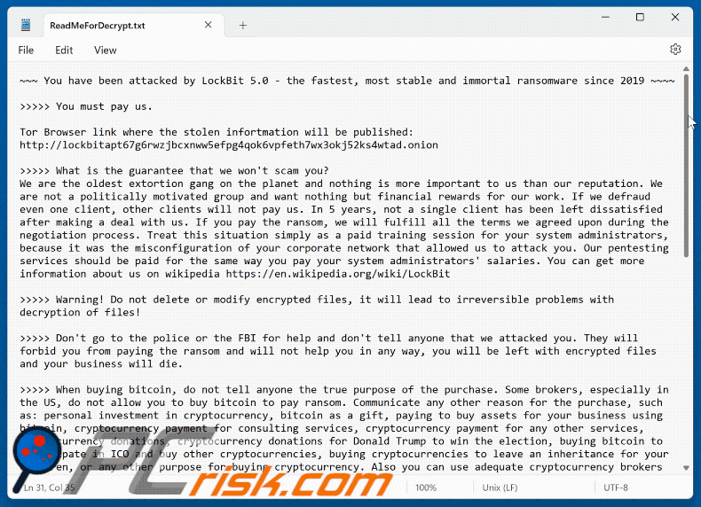 LockBit 5.0 ransomware ransom note (ReadMeForDecrypt.txt)