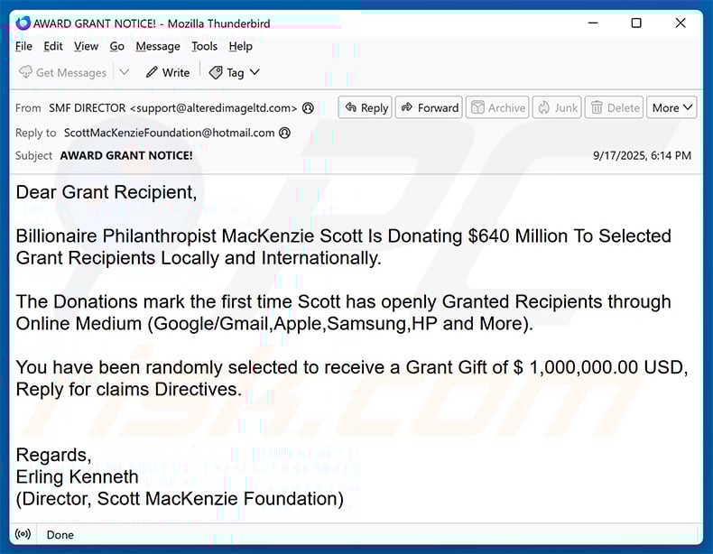 Truffa via e-mail della Mackenzie Scott Foundation (2025-09-18)