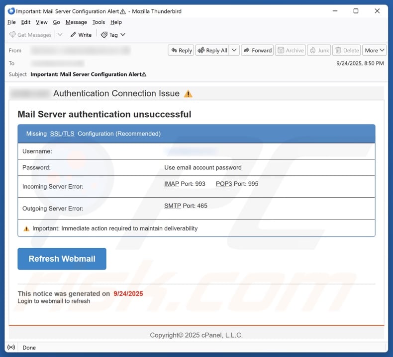 Campagna di spam via e-mail Mail Server Authentication Unsuccessful
