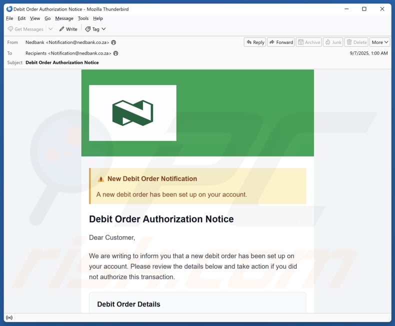 Nedbank - New Debit Order Notification campagna di spam via e-mail