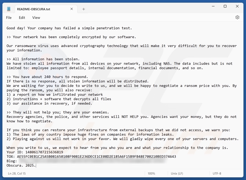 Nota di riscatto del ransomware Obscura (README-OBSCURA.txt)