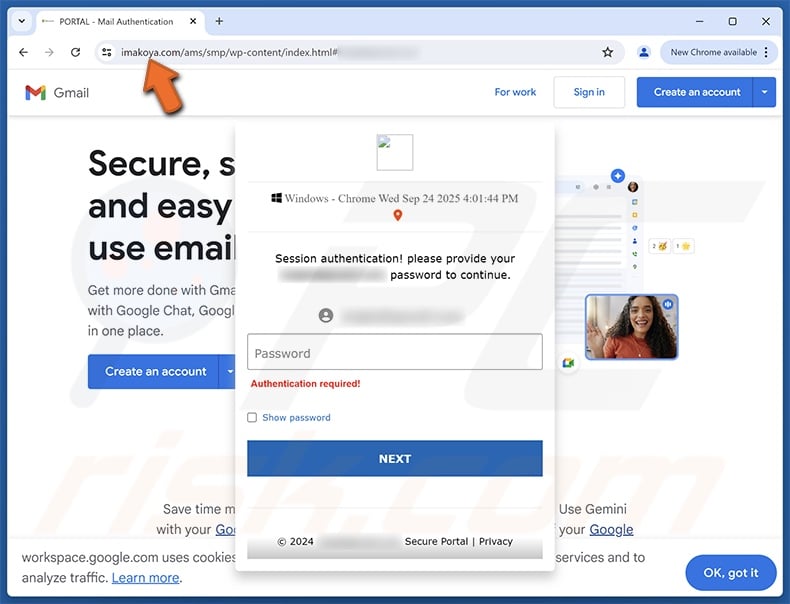 Sito di phishing promosso dall'e-mail truffaldina