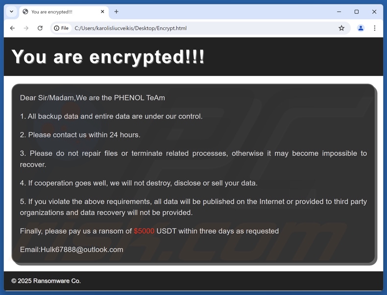 Richiesta di riscatto del ransomware Phenol (Encrypt.html)