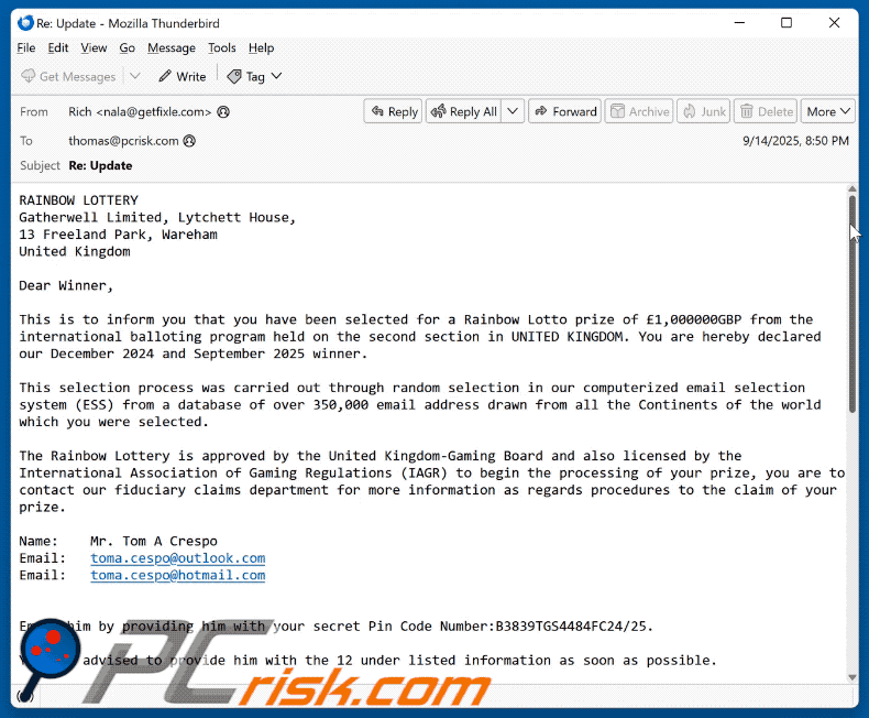 Aspetto dell'e-mail truffaldina Rainbow Lottery (GIF)