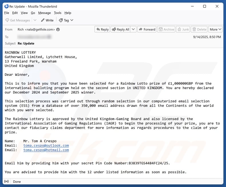 Campagna di spam via e-mail Rainbow Lottery