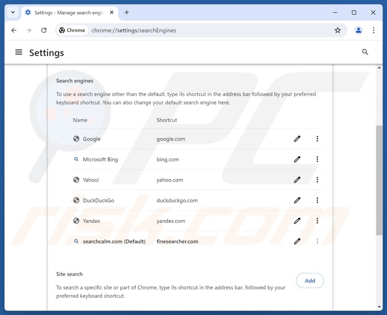 Rimozione di searchcalm.com dal motore di ricerca predefinito di Google Chrome