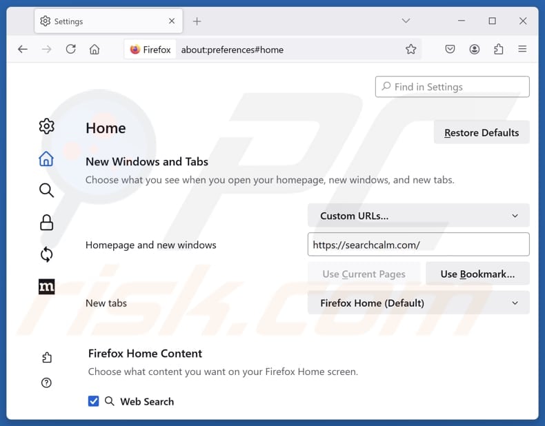 Rimozione di searchcalm.com dalla pagina iniziale di Mozilla Firefox