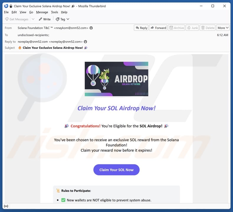 Email che promuove la truffa Solana Community Airdrop