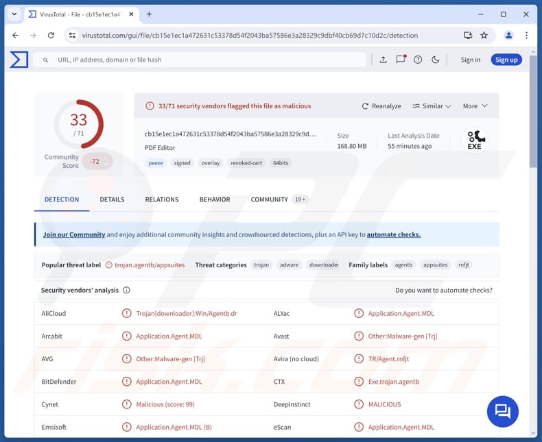 Rilevamenti del malware TamperedChef su VirusTotal