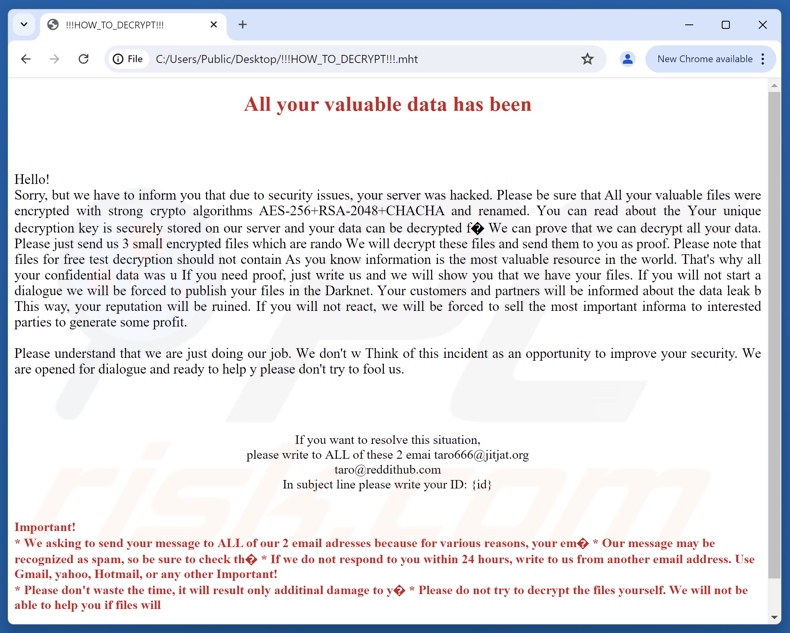 Richiesta di riscatto del ransomware Taro (!!!HOW_TO_DECRYPT!!!.mht)