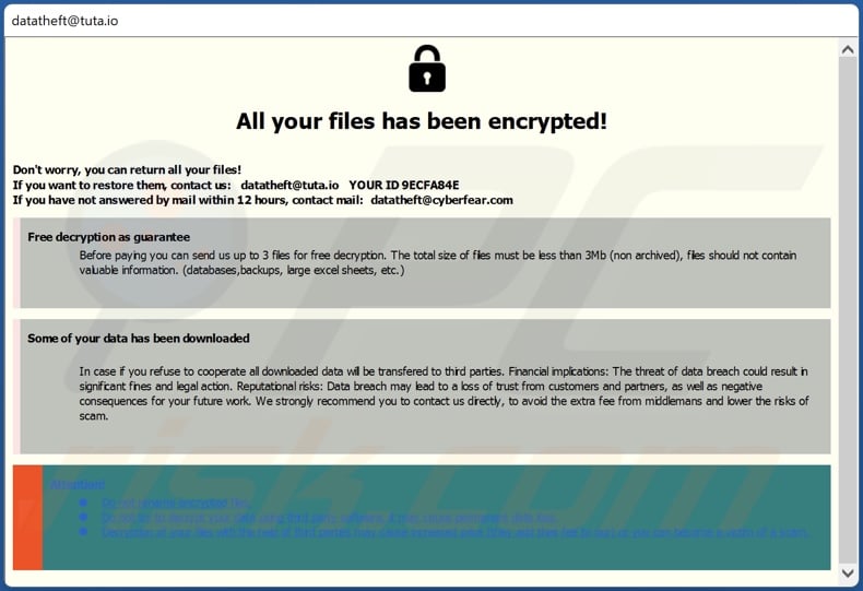 Richiesta di riscatto del ransomware Theft (pop-up)