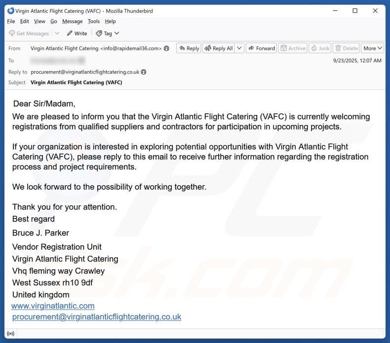 Campagna di spam via e-mail Virgin Atlantic Flight Catering (VAFC)