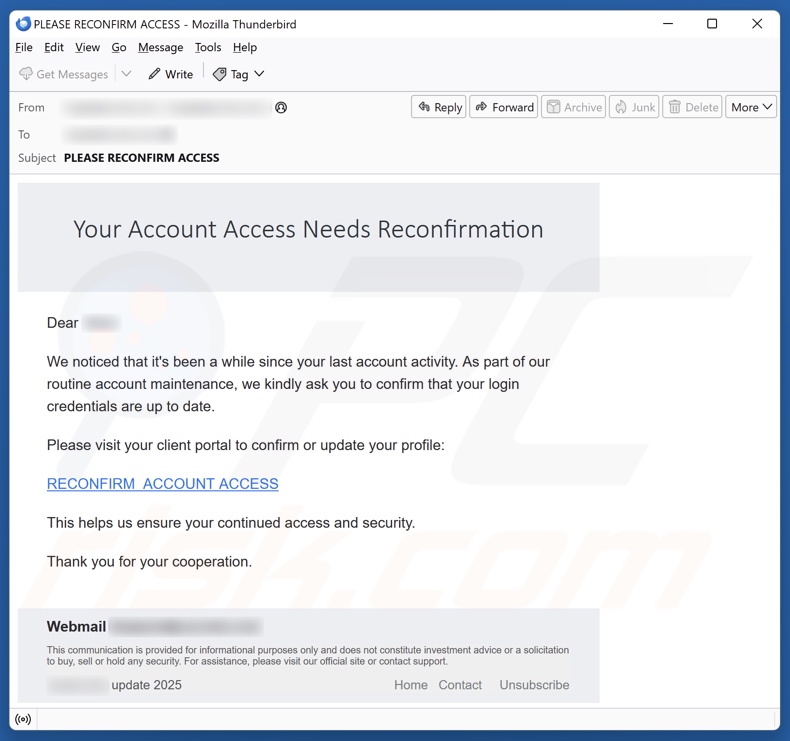 Your Account Access Needs Reconfirmation campagna di spam via e-mail